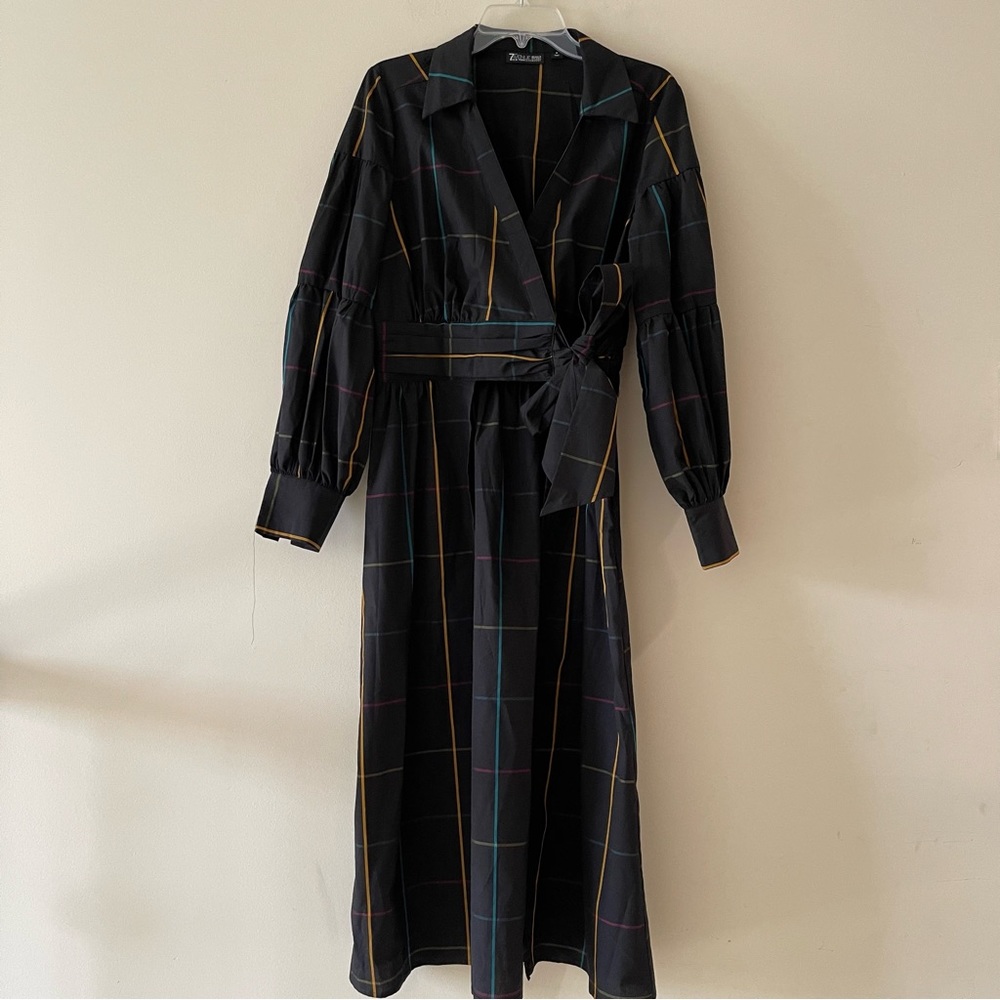 Black and Multicolor Striped Tie-front Maxi Tunic Top